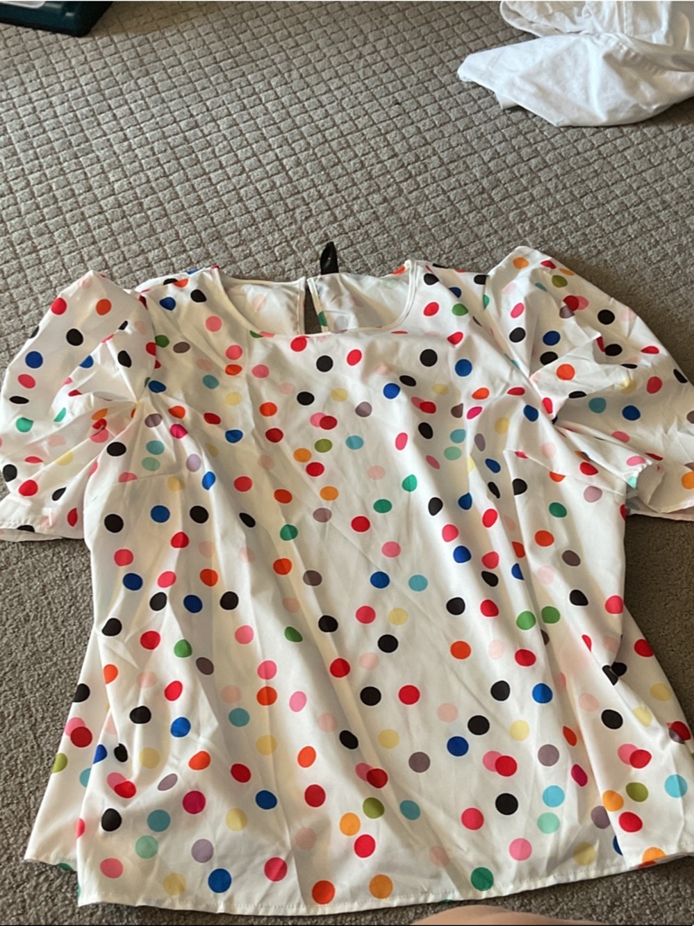 White Polka Dot Puff-Sleeve Blouse - Multicolor